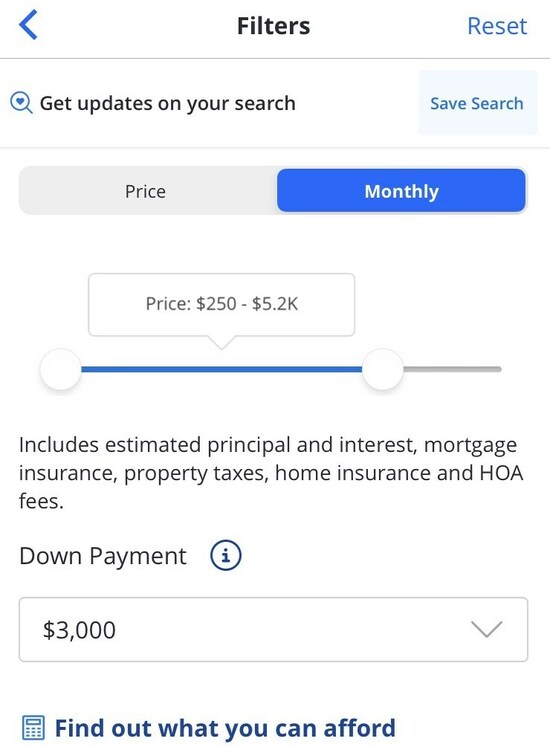 Zillow Monthly Payment Filter